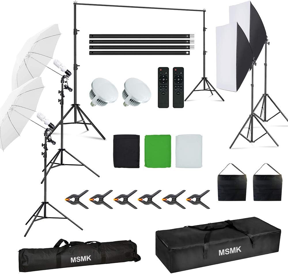 MSMK Photography Lighting Kit, 6.6X 10ft Backdrop Stand System and 900W 6400K LED Bulbs Softbox and Umbrellas Continuous Lighting Kit for Photo Video Shooting
